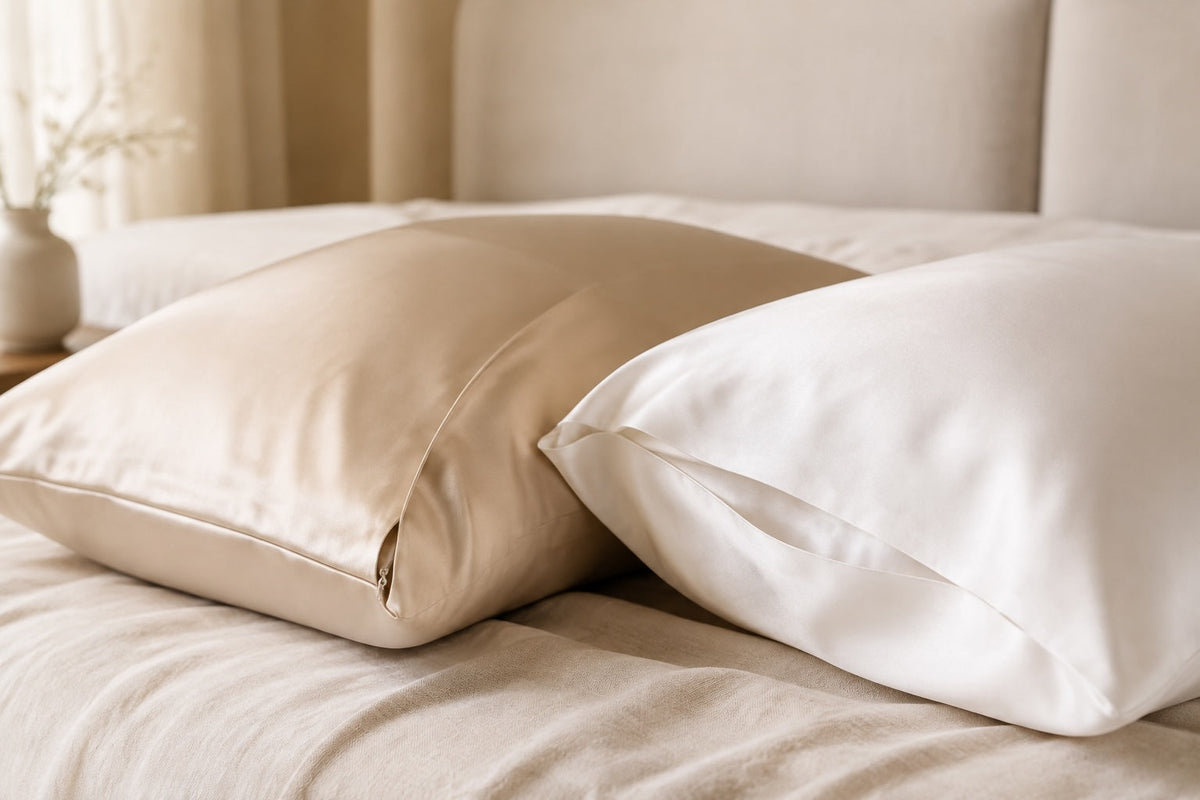 Champagne hidden-zipper silk pillowcase beside a Pearl White envelope-closure pillowcase