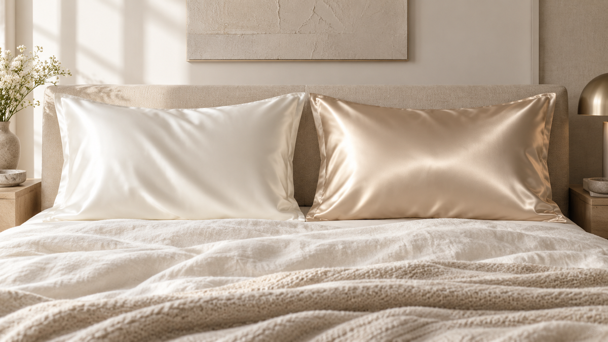 Silk and satin pillowcases compared in a neutral bedroom